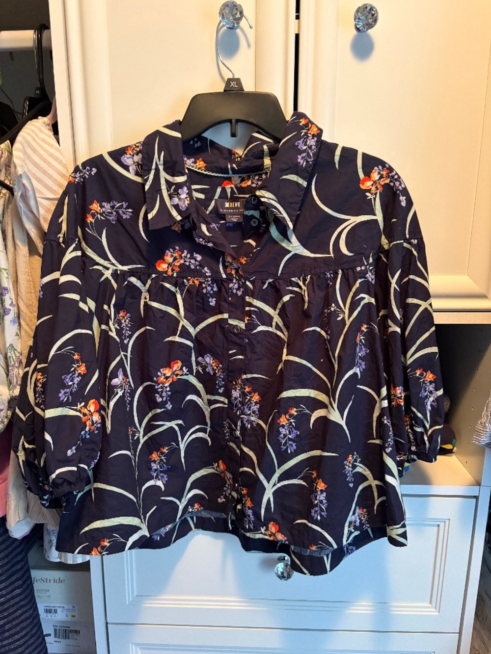 Anthropologie Maeve Short Sleeve Navy Blouse XL Cropped